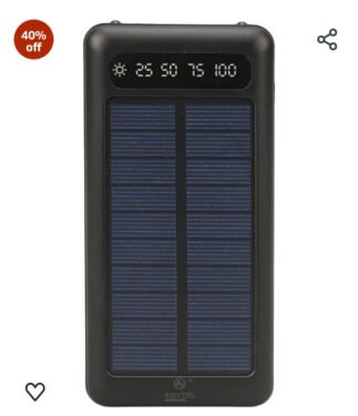 AMYTEL 10000mAh Solar and Strong LED Power Bank, 15W Fast Charging| Buit-in Cables | 4 Output Ports and 3 Input | for iPhone, Smartphones & Other Devices (15 W, Fast Charging) (Black, Lithium Polymer)